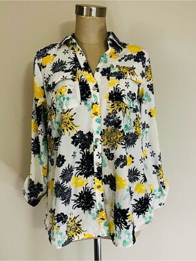 Charter Club White Button-Front Floral Shirt with Yellow Black Teal Print